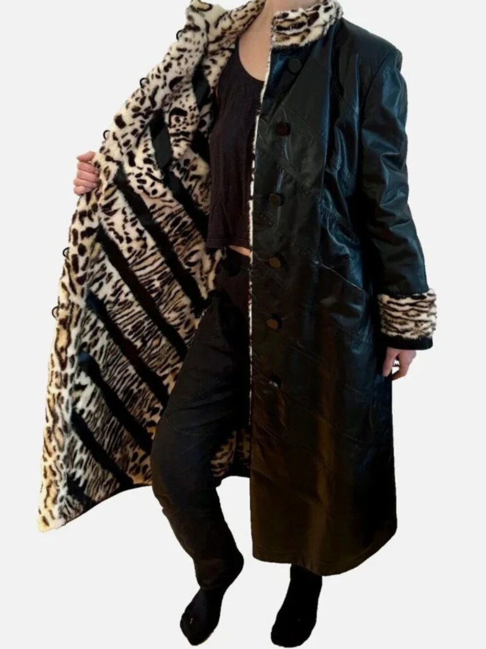 Vintage Maxi Leather Trench Leopard Print Mink Dyed Genuine Fur Coat